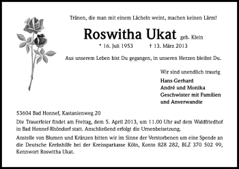Anzeige von Roswitha Ukat von Kölner Stadt-Anzeiger / Kölnische Rundschau / Express