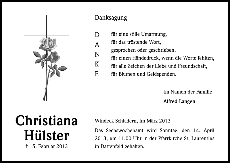  Traueranzeige für Christiana Hülster vom 06.04.2013 aus Kölner Stadt-Anzeiger / Kölnische Rundschau / Express