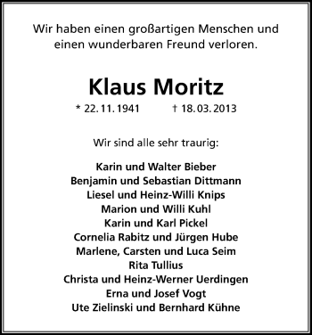 Anzeige von Klaus Moritz von Kölner Stadt-Anzeiger / Kölnische Rundschau / Express