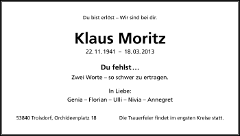 Anzeige von Klaus Moritz von Kölner Stadt-Anzeiger / Kölnische Rundschau / Express