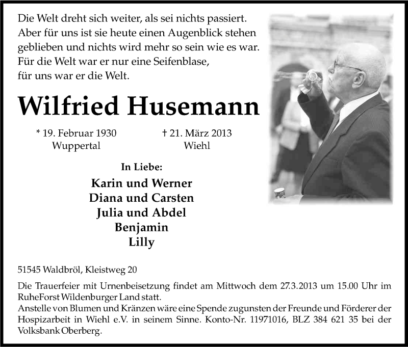  Traueranzeige für Wilfried Husemann vom 23.03.2013 aus Kölner Stadt-Anzeiger / Kölnische Rundschau / Express