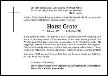 Anzeige von Horst Grote von Kölner Stadt-Anzeiger / Kölnische Rundschau / Express