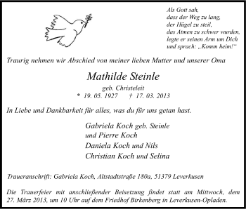 Anzeige von Mathilde Steinle von Kölner Stadt-Anzeiger / Kölnische Rundschau / Express