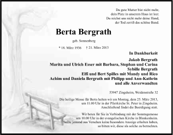 Anzeige von Berta Bergrath von Kölner Stadt-Anzeiger / Kölnische Rundschau / Express
