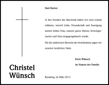 Anzeige von Christel Wünsch von Kölner Stadt-Anzeiger / Kölnische Rundschau / Express