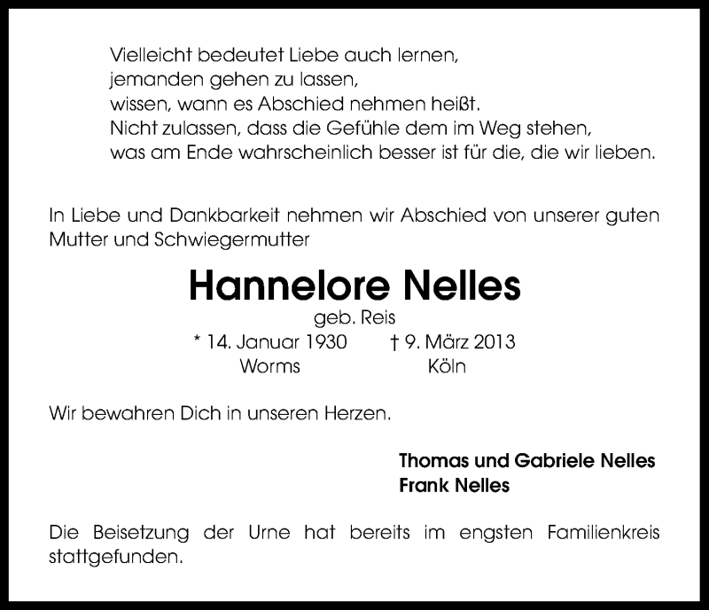  Traueranzeige für Hannelore Nelles vom 23.03.2013 aus Kölner Stadt-Anzeiger / Kölnische Rundschau / Express