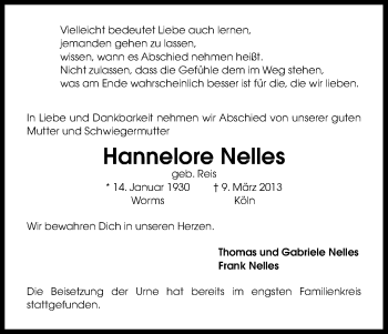 Anzeige von Hannelore Nelles von Kölner Stadt-Anzeiger / Kölnische Rundschau / Express