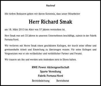 Anzeige von Richard Smak von Kölner Stadt-Anzeiger / Kölnische Rundschau / Express