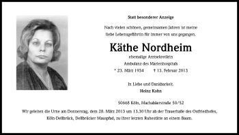 Anzeige von Käthe Nordheim von Kölner Stadt-Anzeiger / Kölnische Rundschau / Express