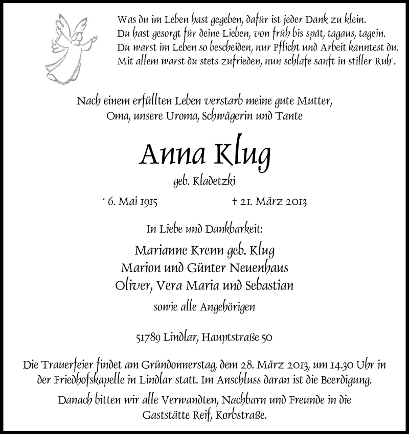  Traueranzeige für Anna Klug vom 23.03.2013 aus Kölner Stadt-Anzeiger / Kölnische Rundschau / Express