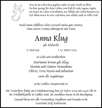 Anzeige von Anna Klug von Kölner Stadt-Anzeiger / Kölnische Rundschau / Express