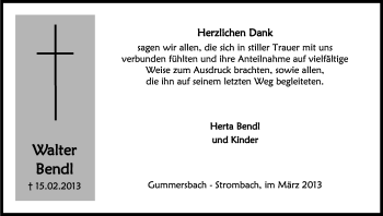 Anzeige von Walter Bendl von Kölner Stadt-Anzeiger / Kölnische Rundschau / Express