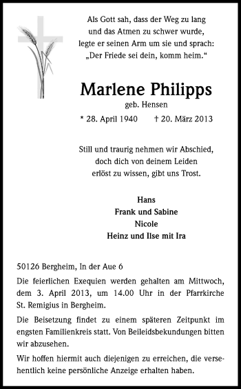 Anzeige von Marlene Philipps von Kölner Stadt-Anzeiger / Kölnische Rundschau / Express