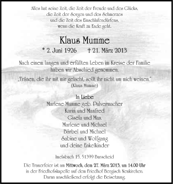 Anzeige von Klaus Mumme von Kölner Stadt-Anzeiger / Kölnische Rundschau / Express