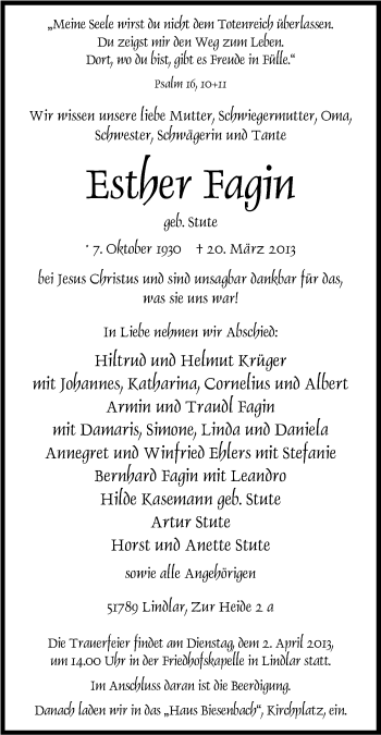 Anzeige von Esther Fagin von Kölner Stadt-Anzeiger / Kölnische Rundschau / Express
