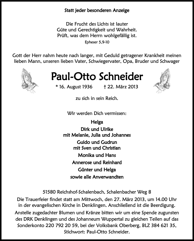  Traueranzeige für Paul-Otto Schneider vom 25.03.2013 aus Kölner Stadt-Anzeiger / Kölnische Rundschau / Express