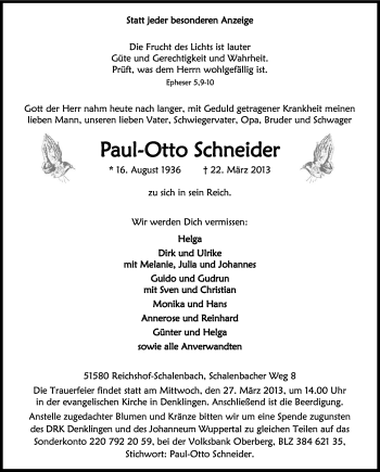 Anzeige von Paul-Otto Schneider von Kölner Stadt-Anzeiger / Kölnische Rundschau / Express
