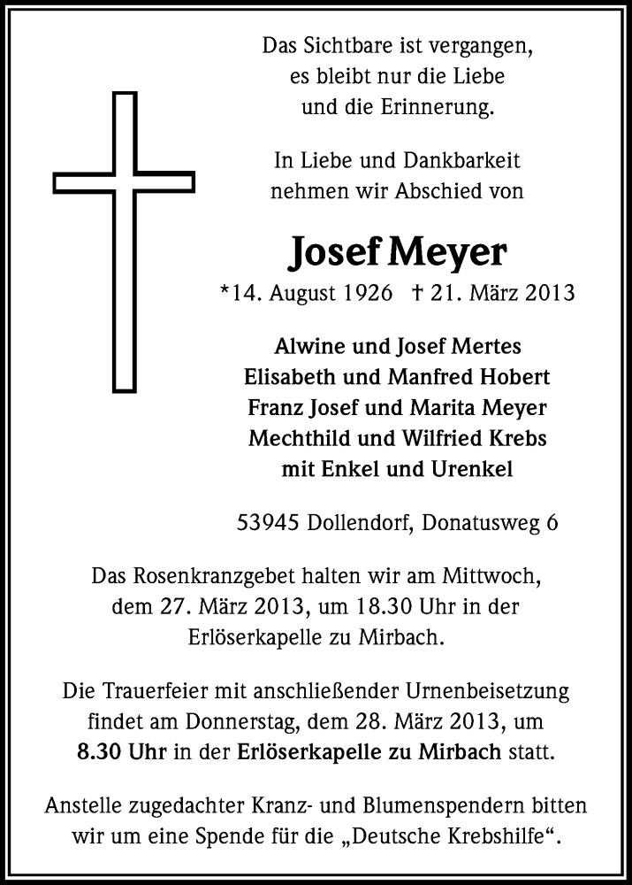  Traueranzeige für Josef Meyer vom 25.03.2013 aus Kölner Stadt-Anzeiger / Kölnische Rundschau / Express