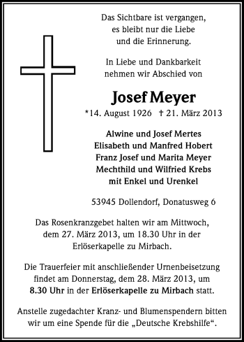 Anzeige von Josef Meyer von Kölner Stadt-Anzeiger / Kölnische Rundschau / Express