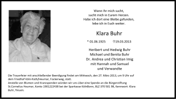 Anzeige von Klara Buhr von Kölner Stadt-Anzeiger / Kölnische Rundschau / Express