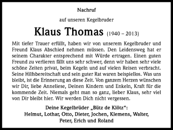 Anzeige von Klaus Thomas von Kölner Stadt-Anzeiger / Kölnische Rundschau / Express