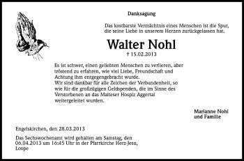 Anzeige von Walter Nohl von Kölner Stadt-Anzeiger / Kölnische Rundschau / Express