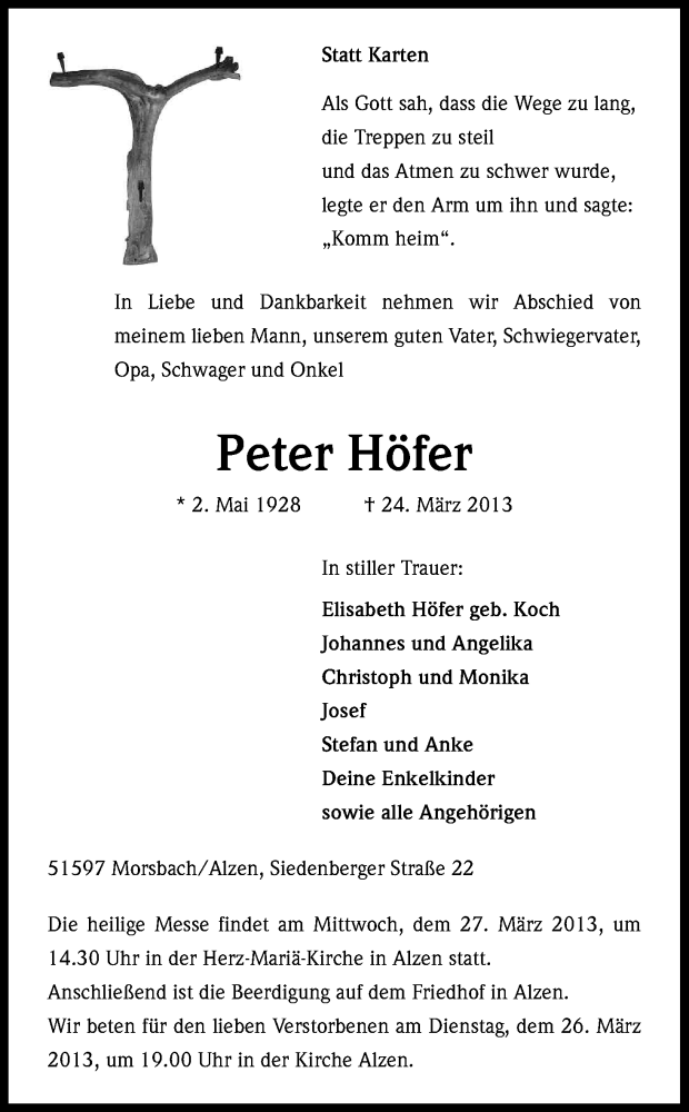  Traueranzeige für Peter Höfer vom 26.03.2013 aus Kölner Stadt-Anzeiger / Kölnische Rundschau / Express