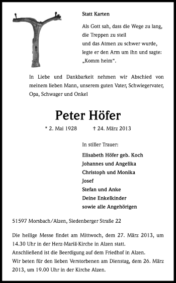 Anzeige von Peter Höfer von Kölner Stadt-Anzeiger / Kölnische Rundschau / Express