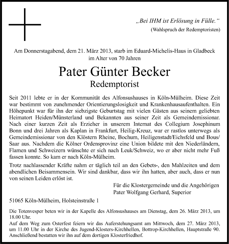  Traueranzeige für Pater Günter Becker vom 26.03.2013 aus Kölner Stadt-Anzeiger / Kölnische Rundschau / Express