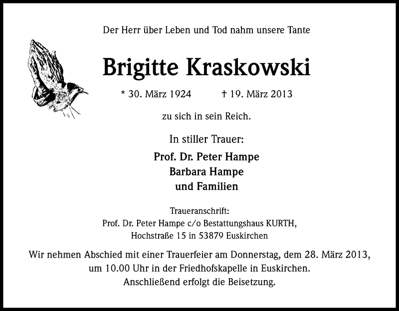  Traueranzeige für Brigitte Kraskowski vom 26.03.2013 aus Kölner Stadt-Anzeiger / Kölnische Rundschau / Express