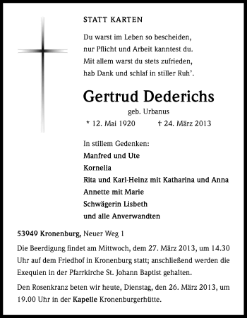 Anzeige von Gertrud Dederichs von Kölner Stadt-Anzeiger / Kölnische Rundschau / Express
