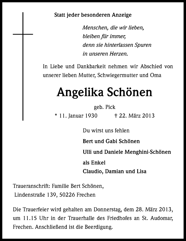 Traueranzeige für Angelika Schönen vom 26.03.2013 aus Kölner Stadt-Anzeiger / Kölnische Rundschau / Express