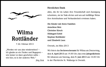 Anzeige von Wilma Rottländer von Kölner Stadt-Anzeiger / Kölnische Rundschau / Express