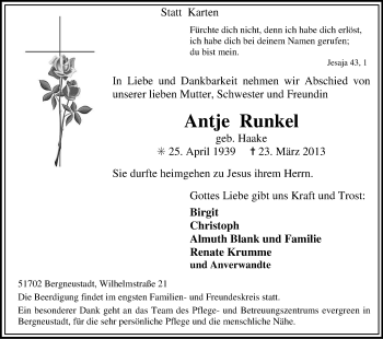 Anzeige von Antje Runkel von Kölner Stadt-Anzeiger / Kölnische Rundschau / Express