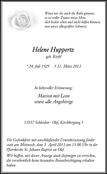 Anzeige von Helene Huppertz von Kölner Stadt-Anzeiger / Kölnische Rundschau / Express