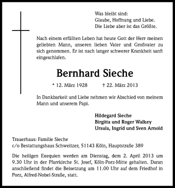 Anzeige von Bernhard Sieche von Kölner Stadt-Anzeiger / Kölnische Rundschau / Express