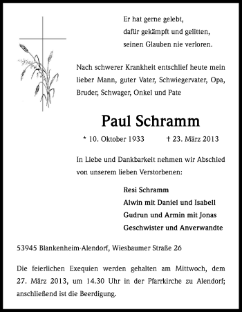 Anzeige von Paul Schramm von Kölner Stadt-Anzeiger / Kölnische Rundschau / Express
