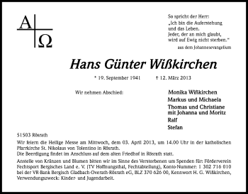 Anzeige von Hans Günter Wißkirchen von Kölner Stadt-Anzeiger / Kölnische Rundschau / Express