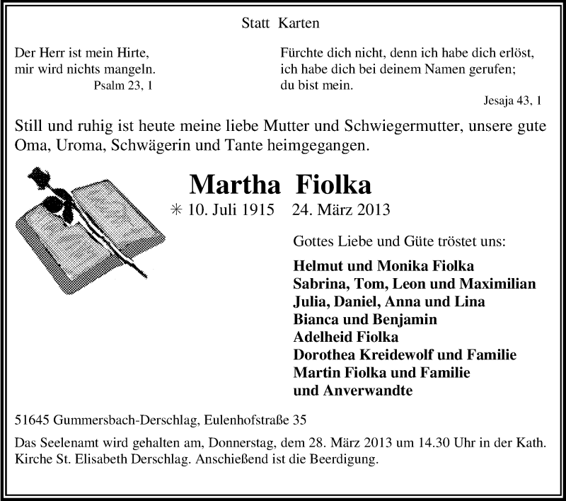  Traueranzeige für Martha Fiolka vom 26.03.2013 aus Kölner Stadt-Anzeiger / Kölnische Rundschau / Express