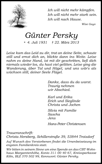 Anzeige von Günter Persky von Kölner Stadt-Anzeiger / Kölnische Rundschau / Express