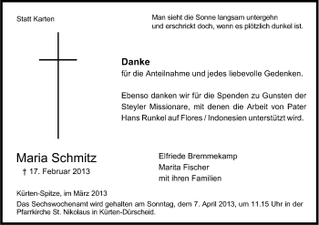 Anzeige von Maria Schmitz von Kölner Stadt-Anzeiger / Kölnische Rundschau / Express