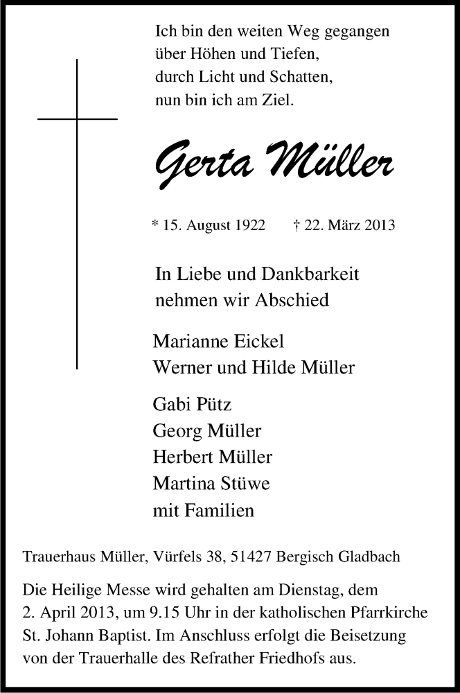  Traueranzeige für Gerta Müller vom 27.03.2013 aus Kölner Stadt-Anzeiger / Kölnische Rundschau / Express
