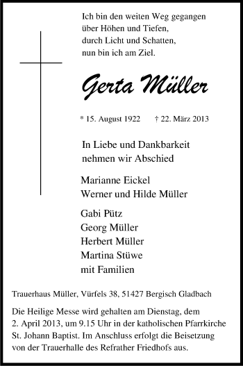 Anzeige von Gerta Müller von Kölner Stadt-Anzeiger / Kölnische Rundschau / Express