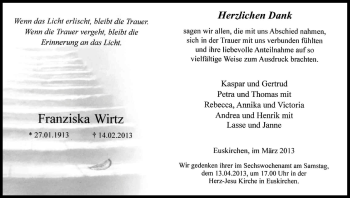 Anzeige von Franziska Wirtz von Kölner Stadt-Anzeiger / Kölnische Rundschau / Express