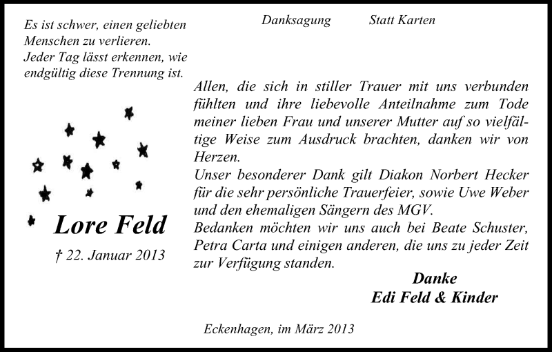  Traueranzeige für Lore Feld vom 26.03.2013 aus Kölner Stadt-Anzeiger / Kölnische Rundschau / Express