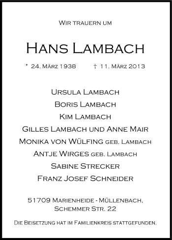 Anzeige von Hans Lambach von Kölner Stadt-Anzeiger / Kölnische Rundschau / Express