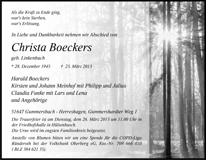  Traueranzeige für Christa Boeckers vom 26.03.2013 aus Kölner Stadt-Anzeiger / Kölnische Rundschau / Express