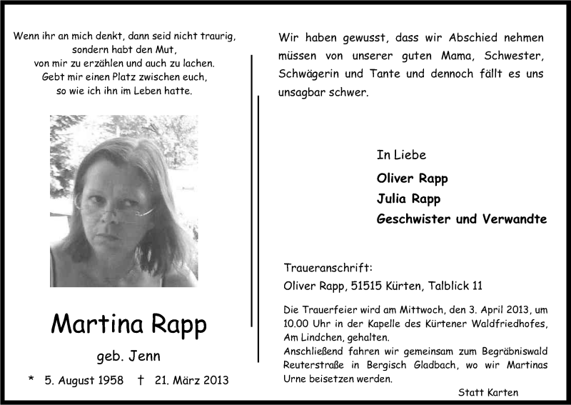  Traueranzeige für Martina Rapp vom 30.03.2013 aus Kölner Stadt-Anzeiger / Kölnische Rundschau / Express