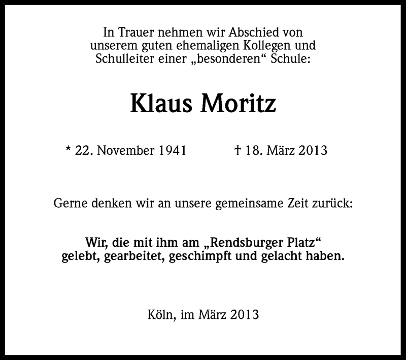  Traueranzeige für Klaus Moritz vom 27.03.2013 aus Kölner Stadt-Anzeiger / Kölnische Rundschau / Express