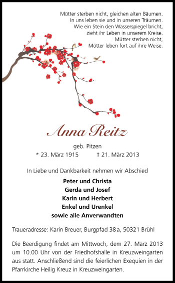 Anzeige von Anna Reitz von Kölner Stadt-Anzeiger / Kölnische Rundschau / Express